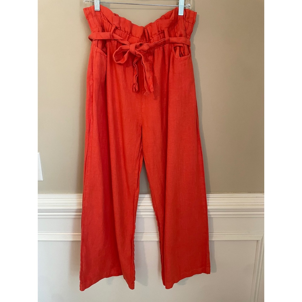 AMADI Anthropologie Orange Linen Paperbag Waist Wide Leg Pants Size XL